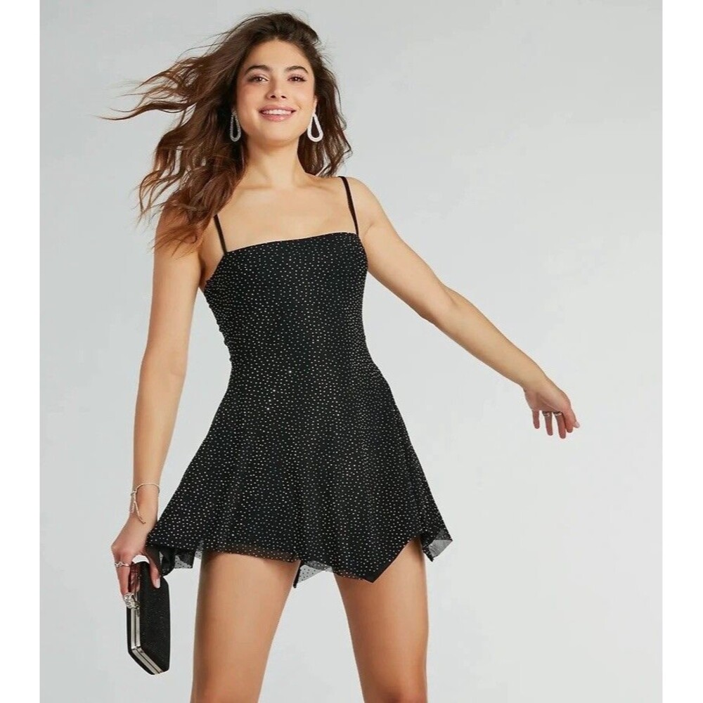Windsor Sparkling Perfection Rhinestone A-Line Mini Dress Black- Size Large